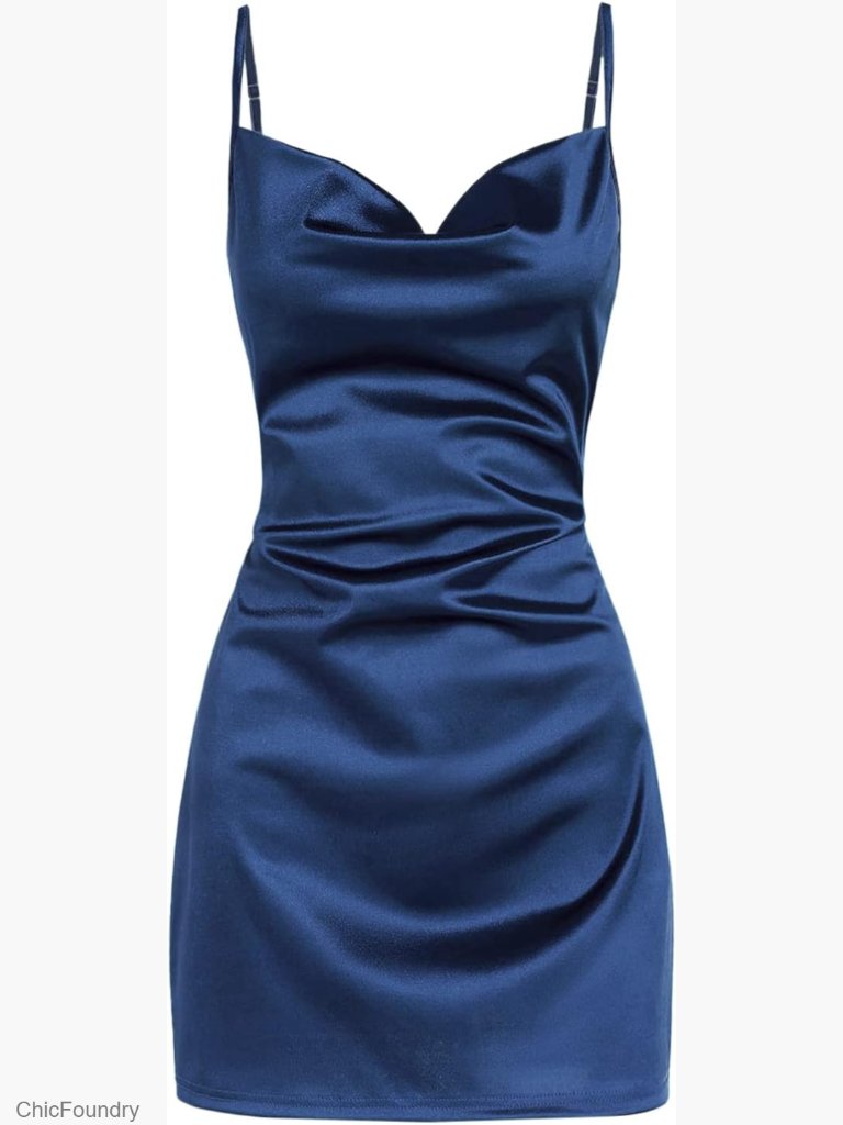 Satin Sleeveless Mini Dress Cowl Neck Slip Dress Cocktail Party Dress